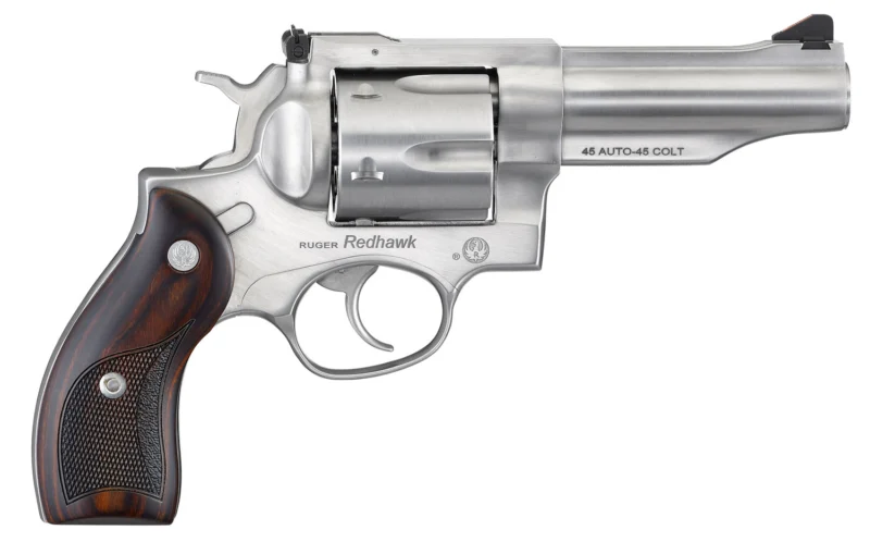 Ruger 5050 Redhawk 45 ACP/45 Long Colt 6rd, 4.20" Satin Stainless Steel Barrel, Cylinder & Frame, Lasered Hardwood Grip, Exposed Hammer