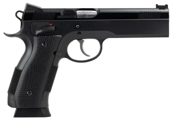 CZ-USA 91731 A01-LD  Full Size Frame 9mm Luger 19+1 4.93" Black Match Grade Bull Barrel, Blued Serrated Steel Slide, Blued Steel Frame w/Beavertail, Black Checkered Polymer Grip