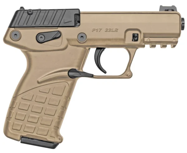 Kel-Tec P17TAN P17  Compact Frame 22 LR 16+1, 3.80" Black Steel Threaded Barrel, Tan Serrated Slide, Tan w/Black Controls Polymer Frame w/Picatinny Rail, Tan GRN Grip, Lever Safety, Ambidextrous