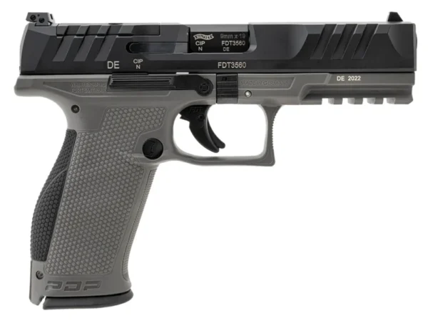 Walther Arms 2858371 PDP  9mm Luger 18+1 4.50" Black Polygonal Rifled Barrel, Black Optic Ready/Serrated Slide, Gray Polymer Frame w/Picatinny Rail, Black Performance Duty Texture Grips, Ambidextrous