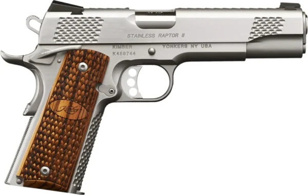 Kimber Mfg.,inc 3200181 Stainless Raptor II 45ACP 8+1 5" Front Serrations Stainless Steel Slide Satin Silver w/ Brush Polished Flats Zebrawood w/ Scale Pattern and Kimber Logo Grip