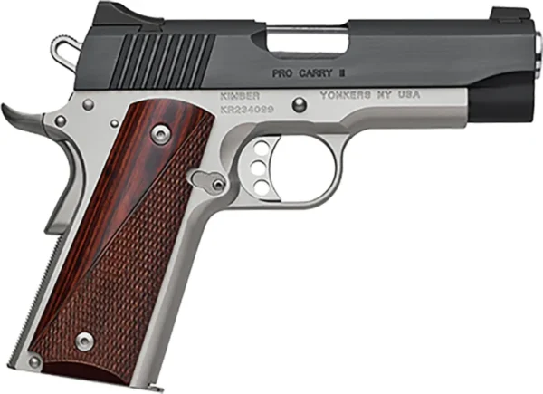 Kimber Mfg.,inc 3200320 Pro Carry II Two-Tone 45 ACP 7+1 4" Matte black Brush-Polished Stainless Steel Slide Satin Silver Smooth/Checkered Rosewood Grip