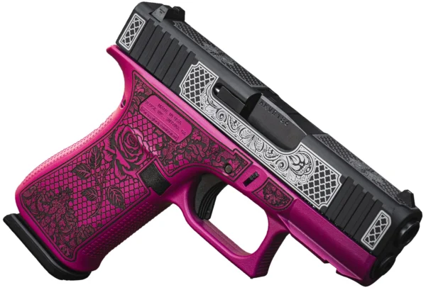 Glock UX4350204FRNGLBC G43X  Sub-Compact Frame 9mm 10+1 3.41" Black GMB Barrel, Black w/White Scroll Cerakote Serrated Steel Slide, Black Cherry Lace w/Rose Cerakote Polymer Frame & Grip