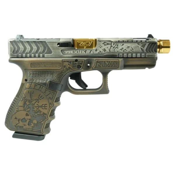 Glock 19 Gen 3 Custom "Viking Engraved Colonial Brown" Handgun 9mm Luger 15rd Magazines (2) 4.60" Zaffari Precision Threaded Barrel Austria